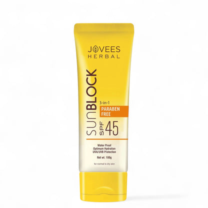 Jovees Herbal Sun Block SPF 45 – 100g | Broad Spectrum UVA/UVB & Blue Light Protection | Hydrating Sunscreen for Dry Skin | Lightweight, Non-Greasy Formula for Men & Women - Damoo