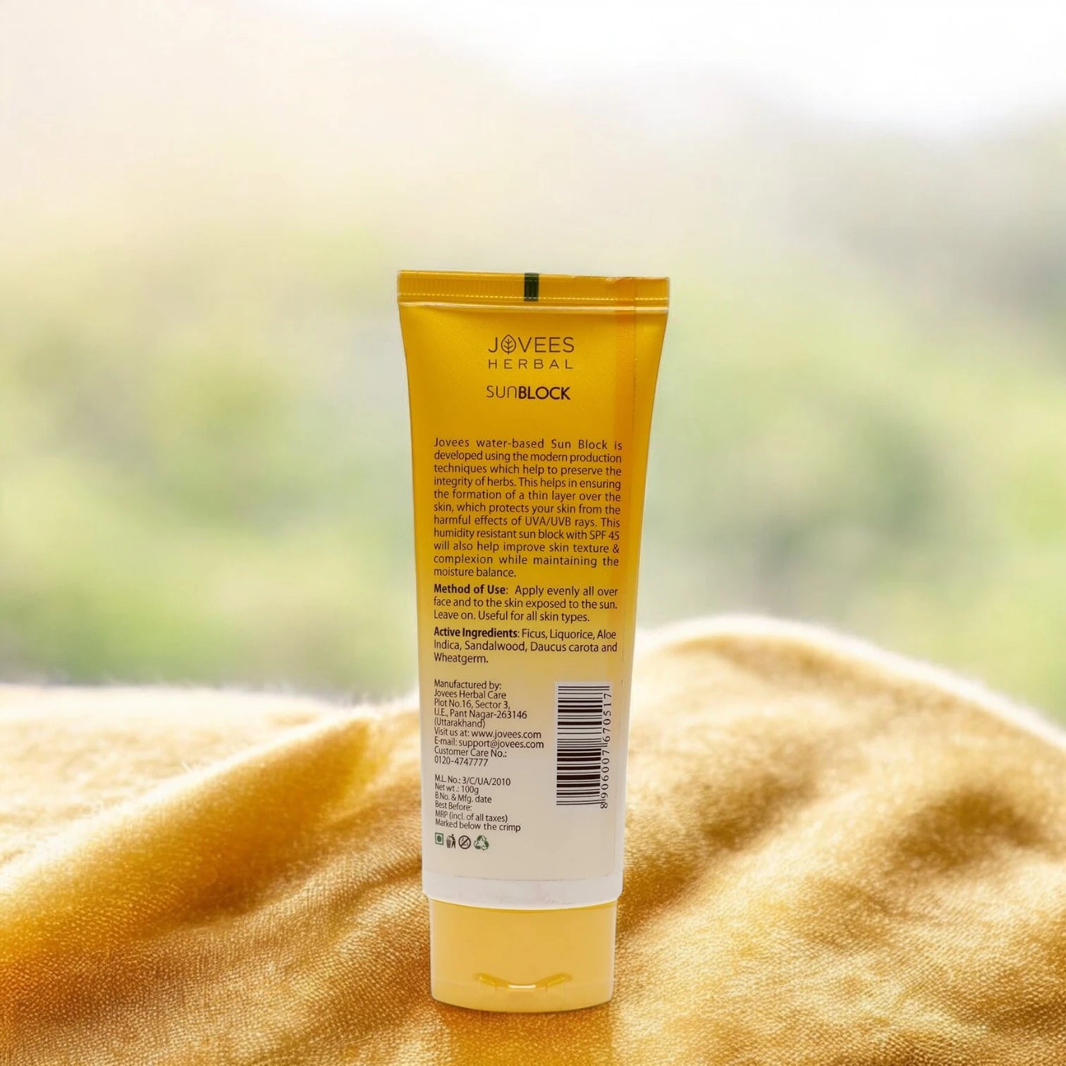 Jovees Herbal Sun Block SPF 45 – 100g | Broad Spectrum UVA/UVB & Blue Light Protection | Hydrating Sunscreen for Dry Skin | Lightweight, Non-Greasy Formula for Men & Women - Damoo