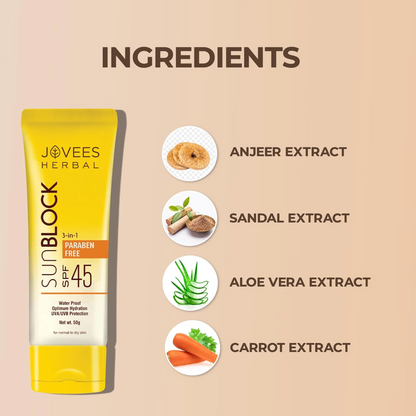 Jovees Herbal Sun Block SPF 45 – 100g | Broad Spectrum UVA/UVB & Blue Light Protection | Hydrating Sunscreen for Dry Skin | Lightweight, Non-Greasy Formula for Men & Women - Damoo