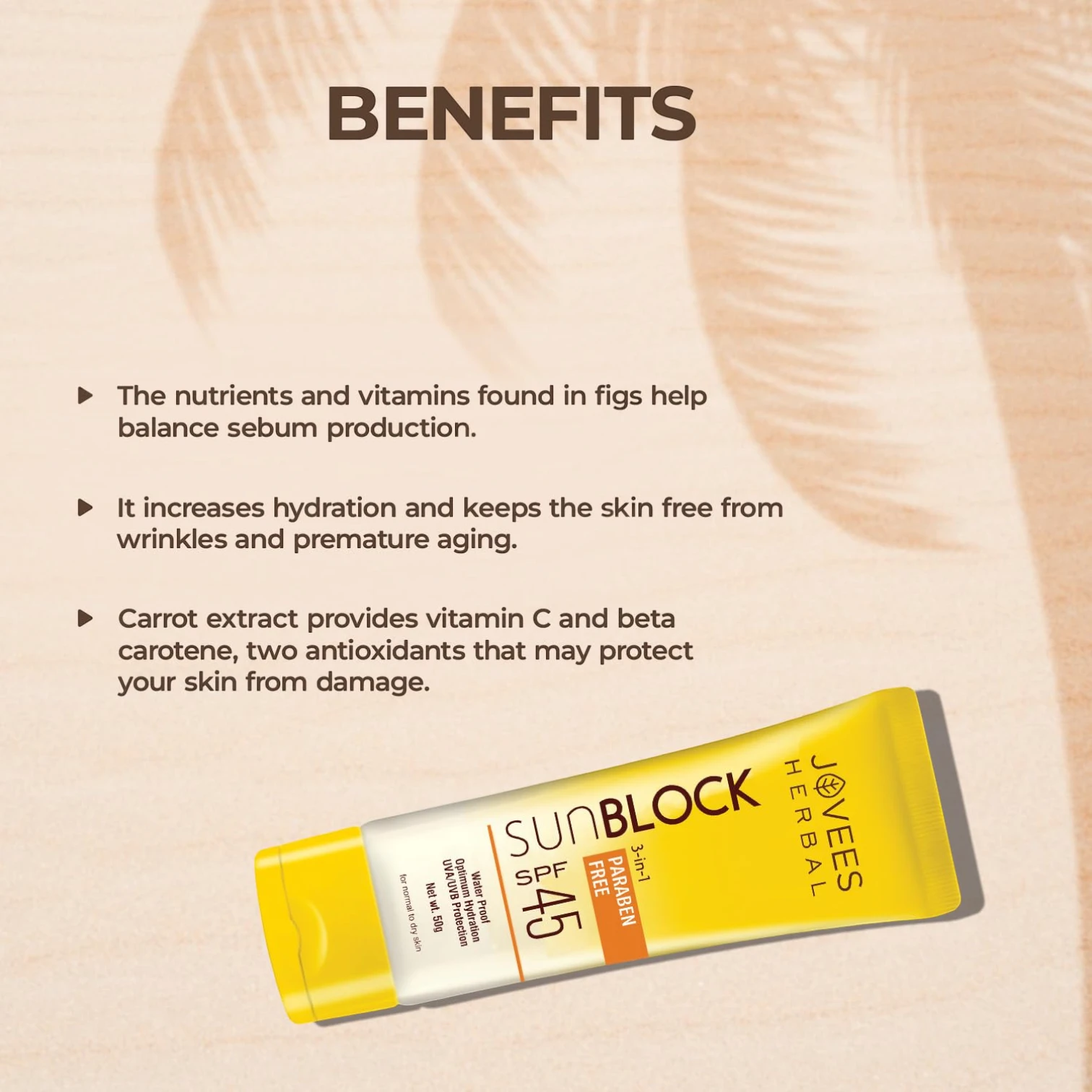 Jovees Herbal Sun Block SPF 45 – 100g | Broad Spectrum UVA/UVB & Blue Light Protection | Hydrating Sunscreen for Dry Skin | Lightweight, Non-Greasy Formula for Men & Women - Damoo