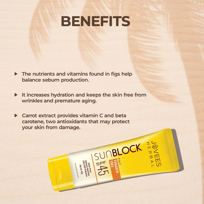 Jovees Herbal Sun Block SPF 45 – 100g | Broad Spectrum UVA/UVB & Blue Light Protection | Hydrating Sunscreen for Dry Skin | Lightweight, Non-Greasy Formula for Men & Women - Damoo