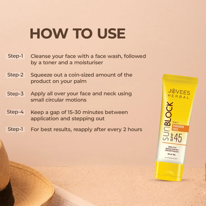 Jovees Herbal Sun Block SPF 45 – 100g | Broad Spectrum UVA/UVB & Blue Light Protection | Hydrating Sunscreen for Dry Skin | Lightweight, Non-Greasy Formula for Men & Women - Damoo