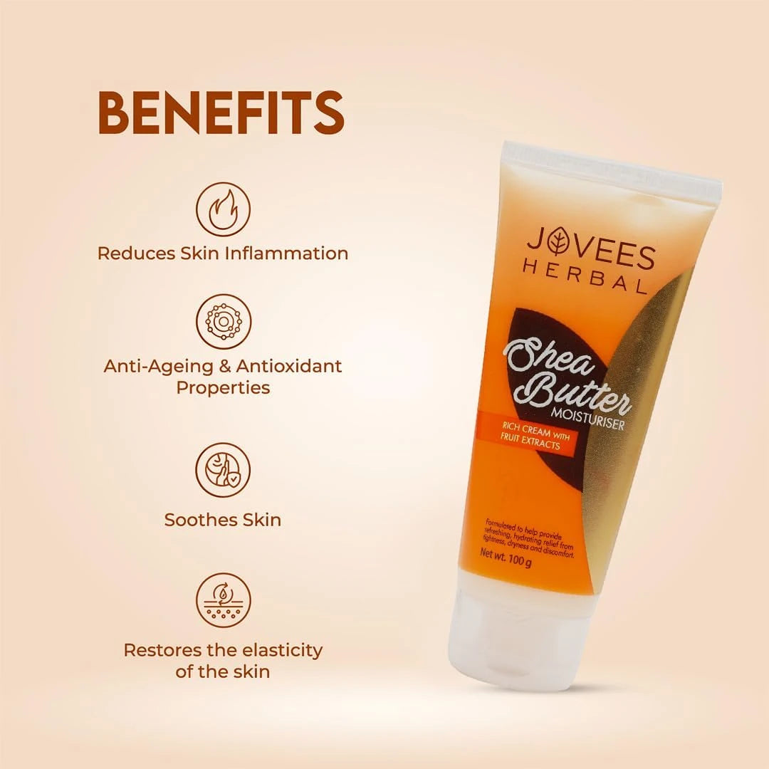 Jovees Shea Butter Moisturizer – 100gm | Deep Hydration with Fruit Extracts | Anti-Ageing & Inflammation Relief | For Normal & Dry Skin - Damoo