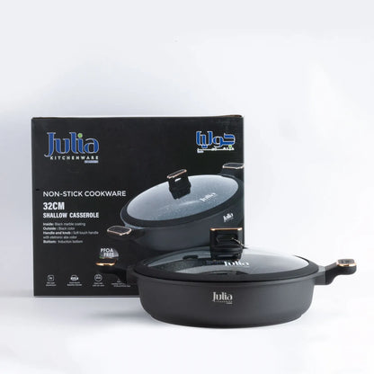 Julia Elite-Pro Plus 28 CM Shallow Casserole with Lid – Black Granite Non-Stick Coating, Induction Base, Heat-Resistant Bakelite Handle & Knob, PTFE & PFOA-Free - Damoo