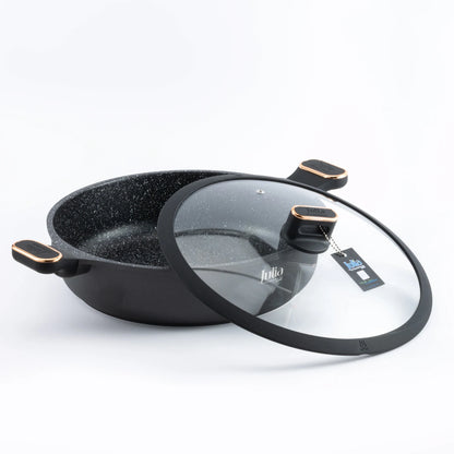 Julia Elite-Pro Plus 28 CM Shallow Casserole with Lid – Black Granite Non-Stick Coating, Induction Base, Heat-Resistant Bakelite Handle & Knob, PTFE & PFOA-Free - Damoo