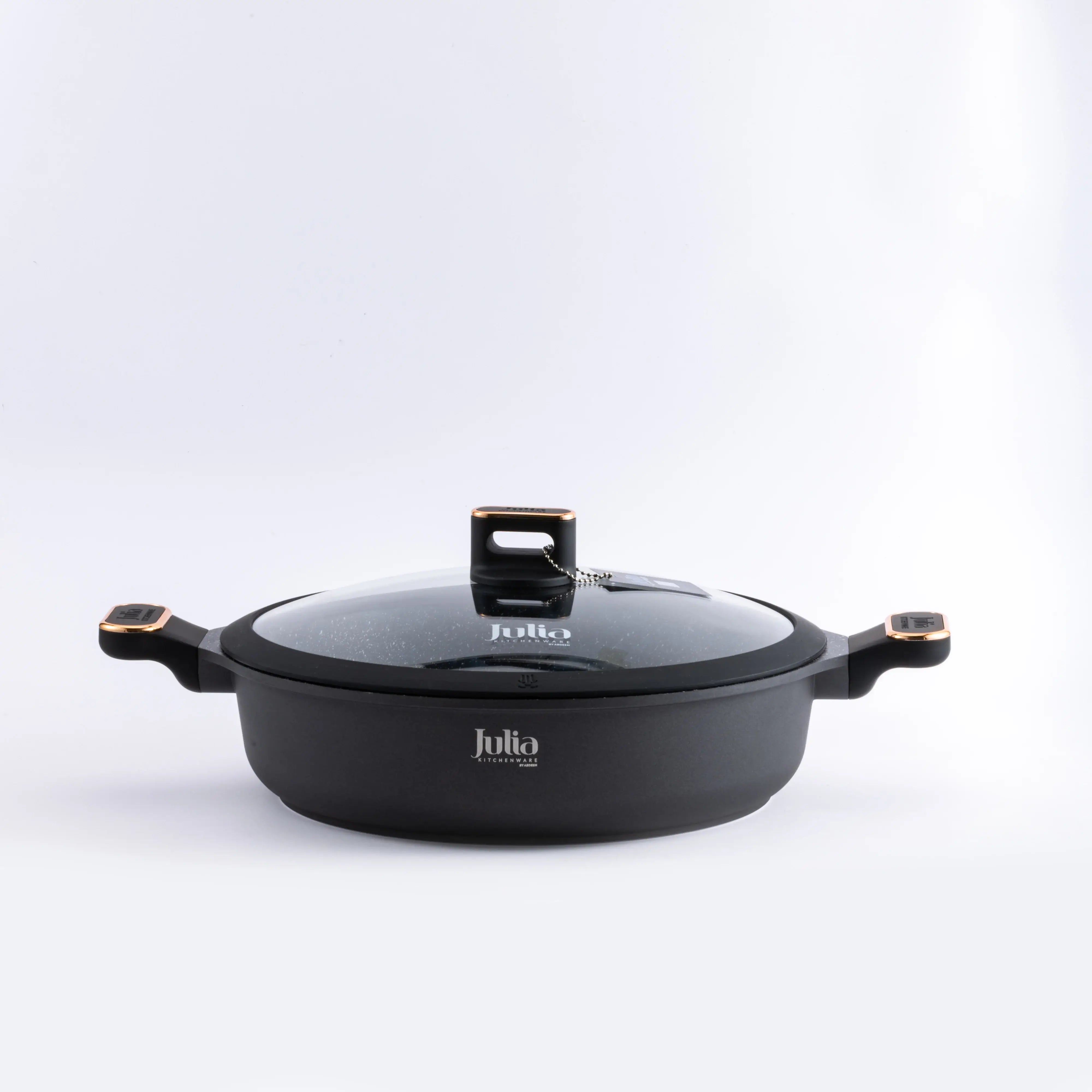 Julia Elite-Pro Plus 28 CM Shallow Casserole with Lid – Black Granite Non-Stick Coating, Induction Base, Heat-Resistant Bakelite Handle & Knob, PTFE & PFOA-Free - Damoo