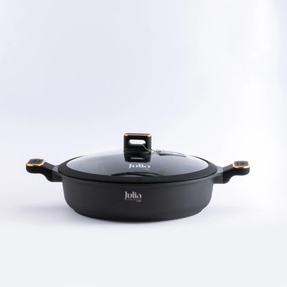 Julia Elite-Pro Plus 28 CM Shallow Casserole with Lid – Black Granite Non-Stick Coating, Induction Base, Heat-Resistant Bakelite Handle & Knob, PTFE & PFOA-Free - Damoo