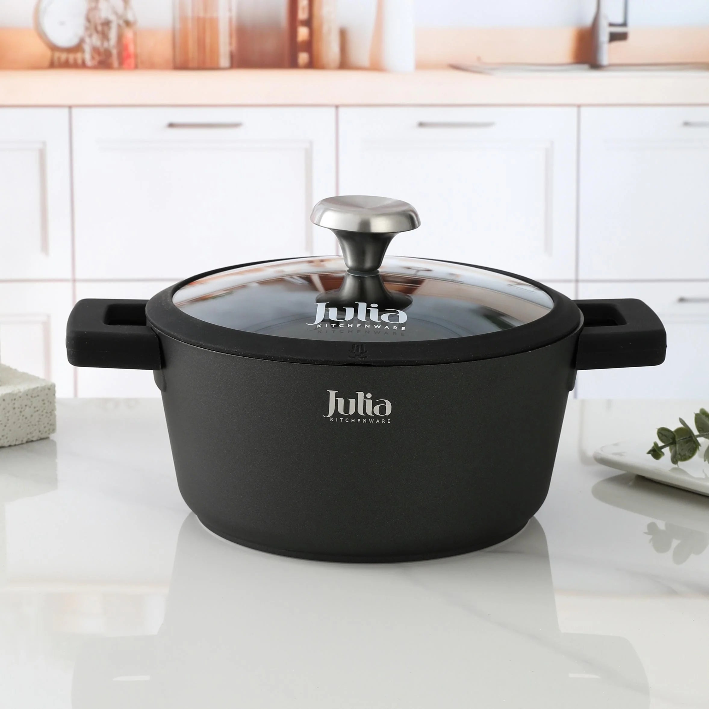 Julia Elite-Pro Plus Casserole with Lid – 20/24/28/32 CM, Granite Non-Stick Coating, Induction Base, Heat-Resistant Detachable Silicone Handles, PTFE & PFOA-Free, For All Cooktops - Damoo