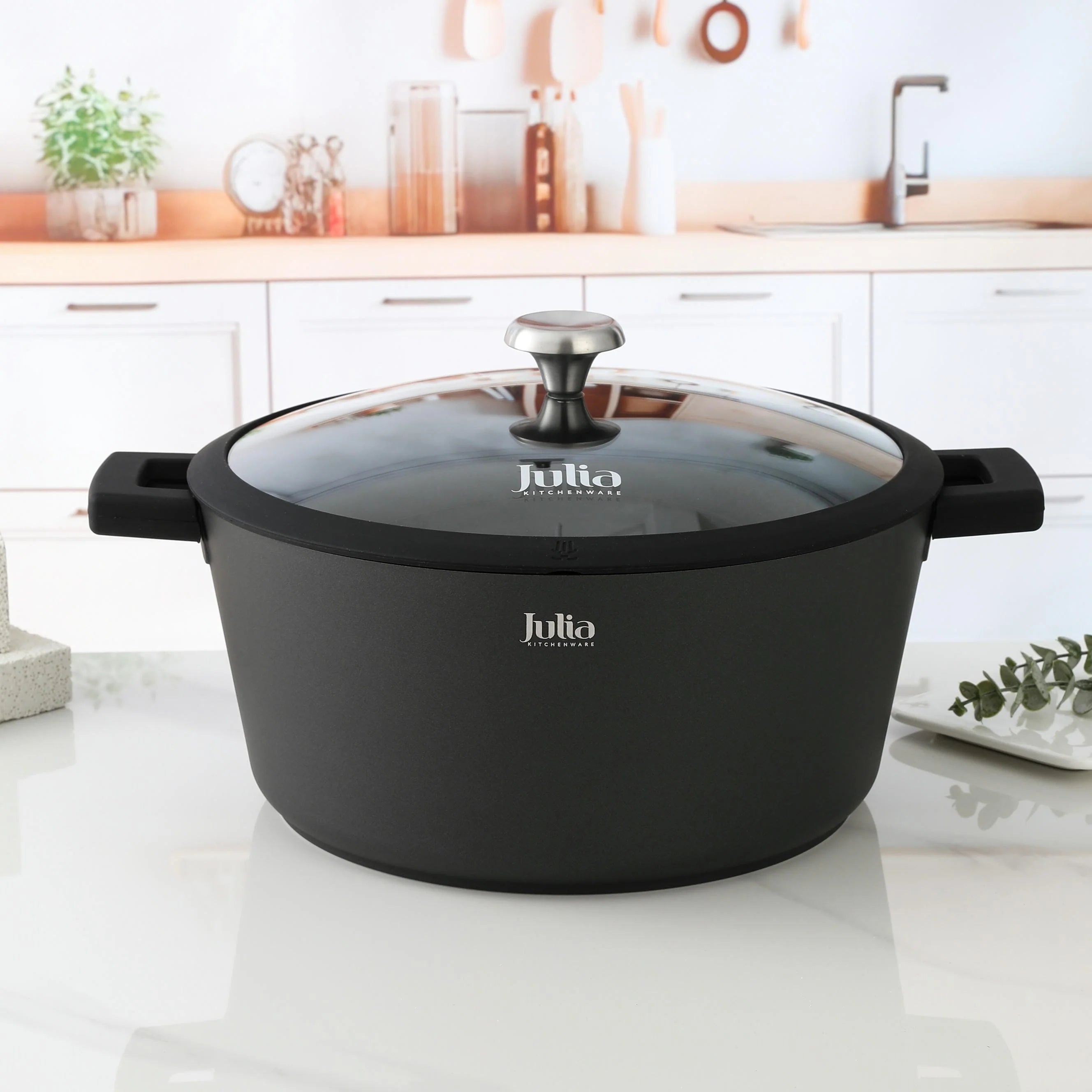 Julia Elite-Pro Plus Casserole with Lid – 20/24/28/32 CM, Granite Non-Stick Coating, Induction Base, Heat-Resistant Detachable Silicone Handles, PTFE & PFOA-Free, For All Cooktops - Damoo