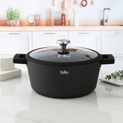 Julia Elite-Pro Plus Casserole with Lid – 20/24/28/32 CM, Granite Non-Stick Coating, Induction Base, Heat-Resistant Detachable Silicone Handles, PTFE & PFOA-Free, For All Cooktops - Damoo