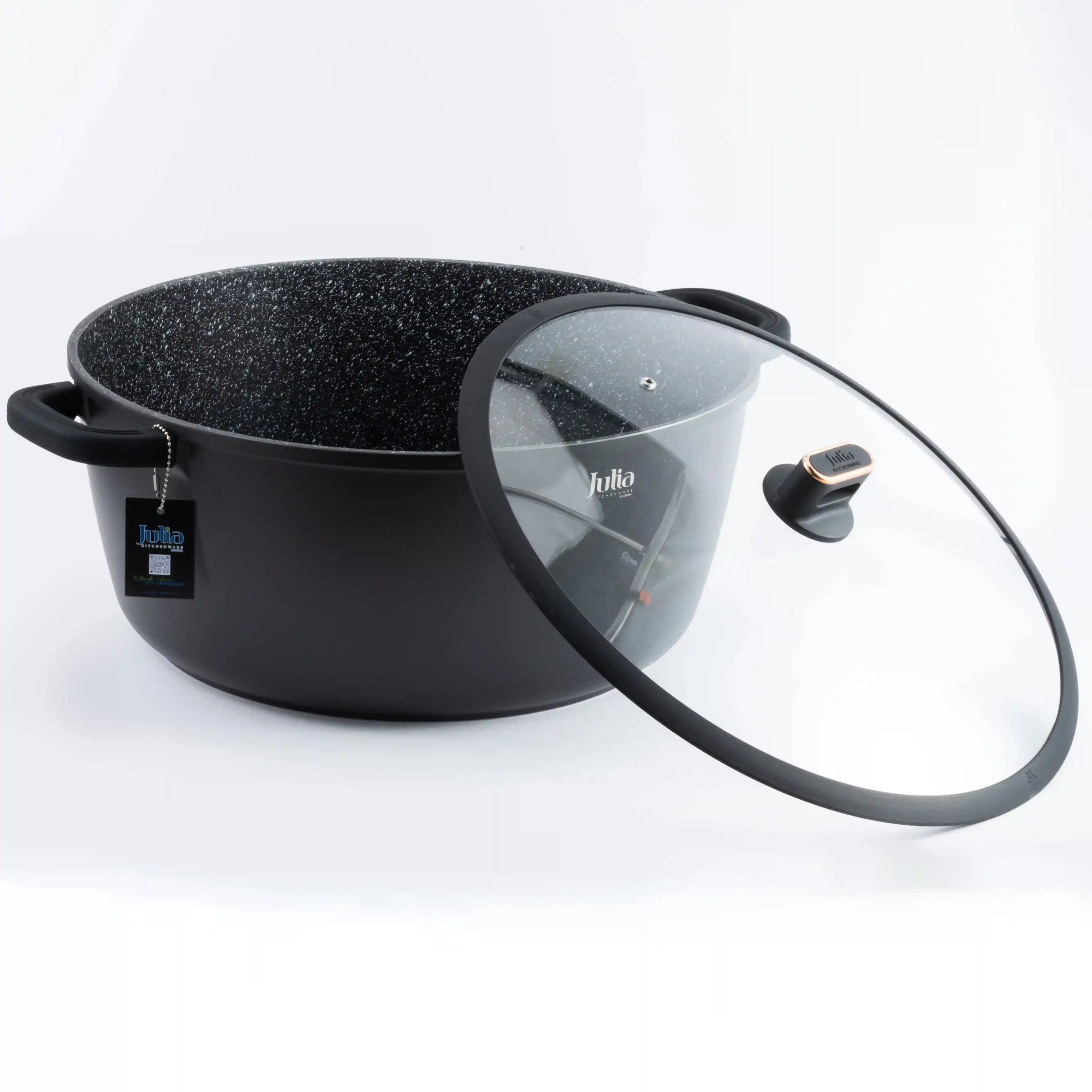 Julia Elite-Pro Plus Casserole with Lid – 40 CM, Black Granite Non-Stick Coating, Induction Base, Heat-Resistant Detachable Silicone Handles, PTFE & PFOA-Free, For All Cooktops - Damoo