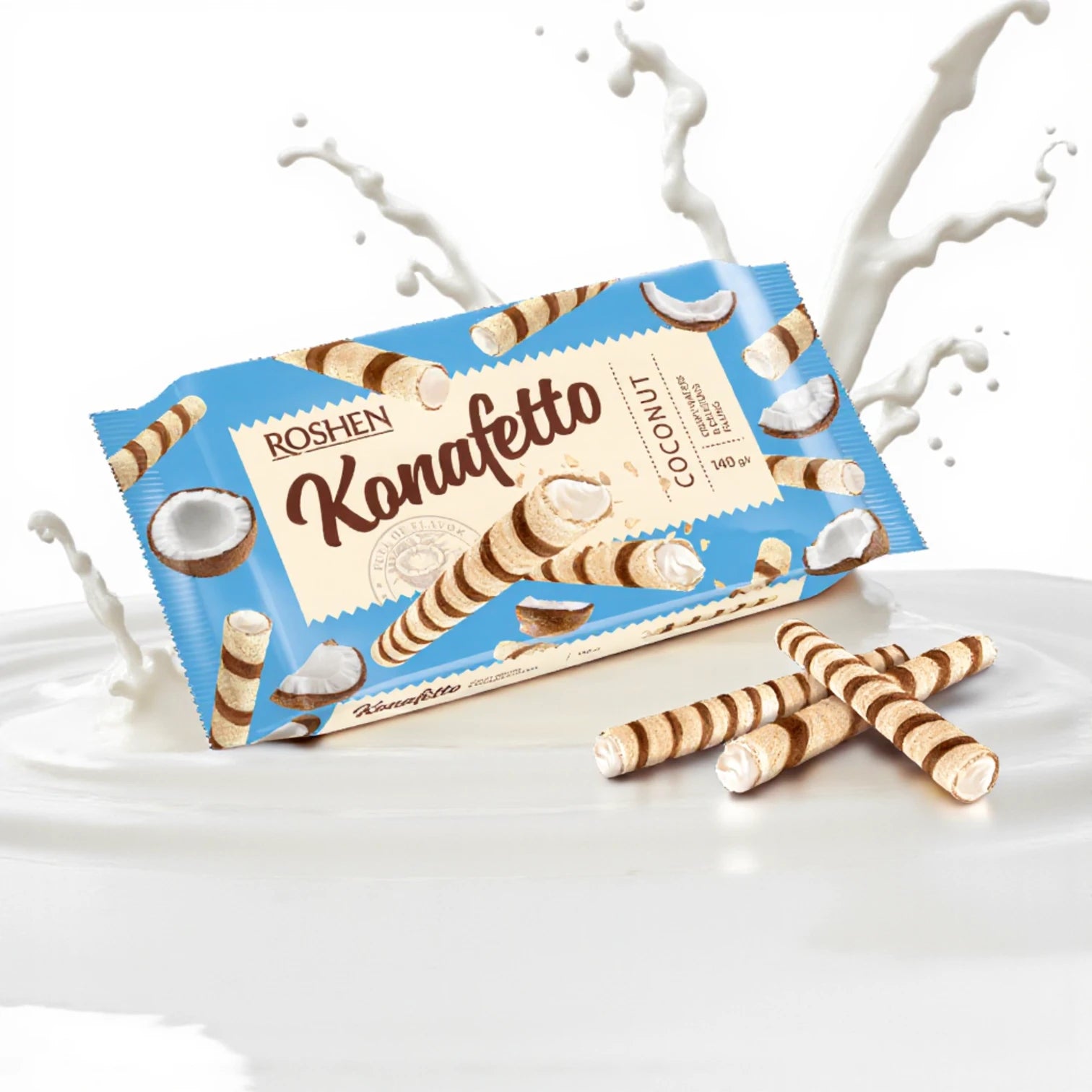 Roshen Konafetto Wafer Rolls with Coconut Cream Filling – 3X140g | Crispy Rolled Wafers with Exotic Coconut Flavor | Sweet Snack from Ukraine - Damoo