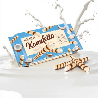 Roshen Konafetto Wafer Rolls with Coconut Cream Filling – 3X140g | Crispy Rolled Wafers with Exotic Coconut Flavor | Sweet Snack from Ukraine - Damoo