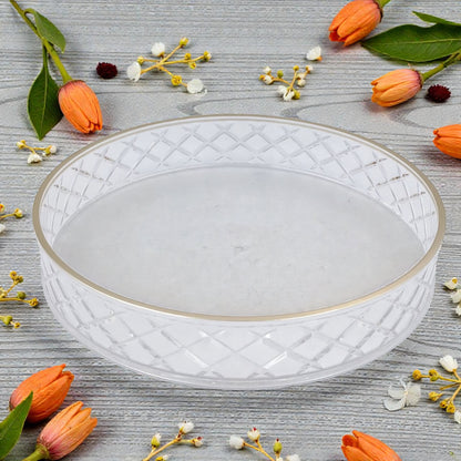 Luxury Crystal Acrylic Round Candy Box with Lid – Clear & Gold Daisy Pattern Dessert Tray for Sweets, Dates, Dry Fruits & Snacks | Food-Safe Acrylic | Available in 3 Sizes (19cm / 25cm / 31cm) - Damoo