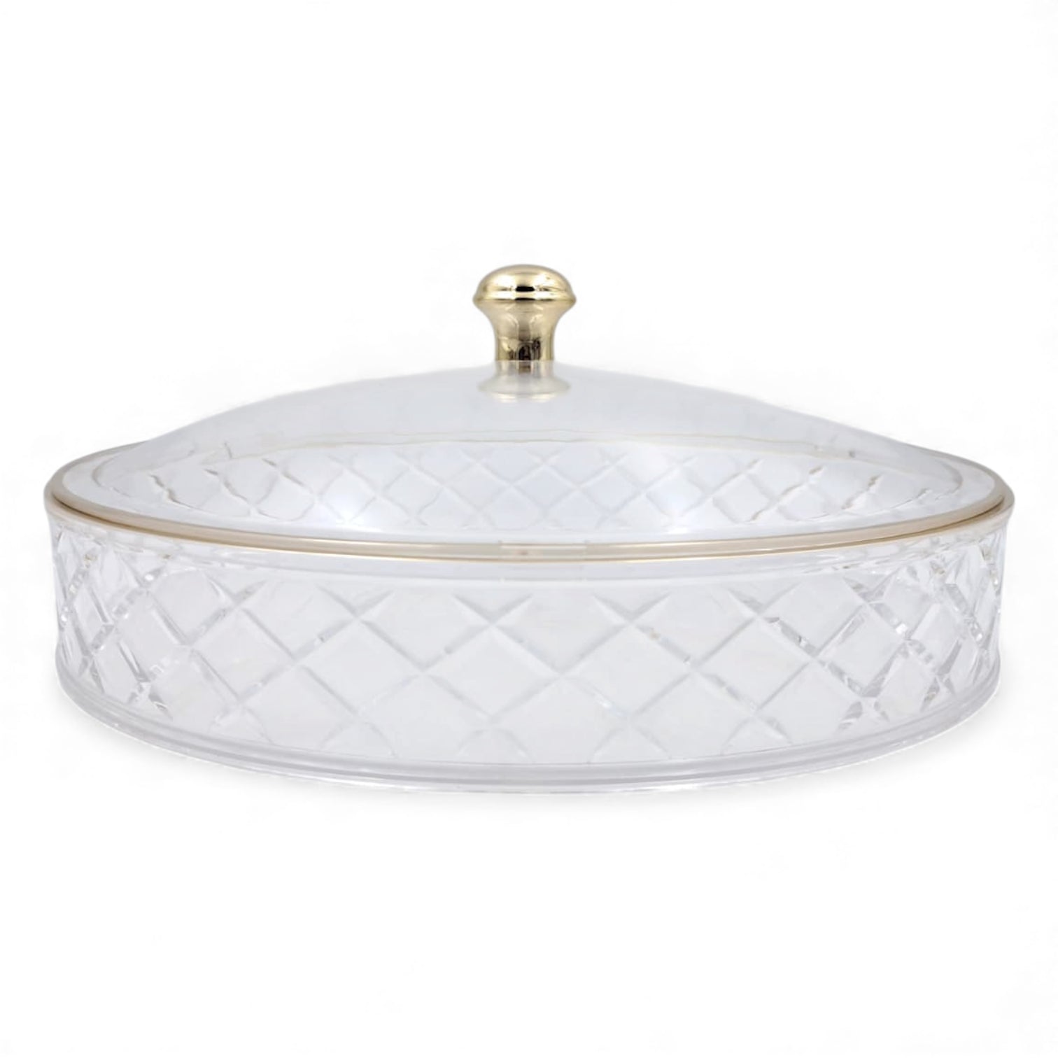 Luxury Crystal Acrylic Round Candy Box with Lid – Clear & Gold Daisy Pattern Dessert Tray for Sweets, Dates, Dry Fruits & Snacks | Food-Safe Acrylic | Available in 3 Sizes (19cm / 25cm / 31cm) - Damoo