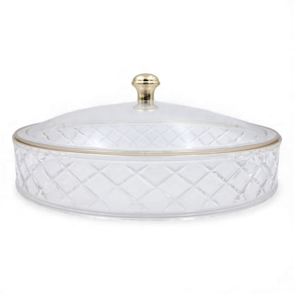Luxury Crystal Acrylic Round Candy Box with Lid – Clear & Gold Daisy Pattern Dessert Tray for Sweets, Dates, Dry Fruits & Snacks | Food-Safe Acrylic | Available in 3 Sizes (19cm / 25cm / 31cm) - Damoo