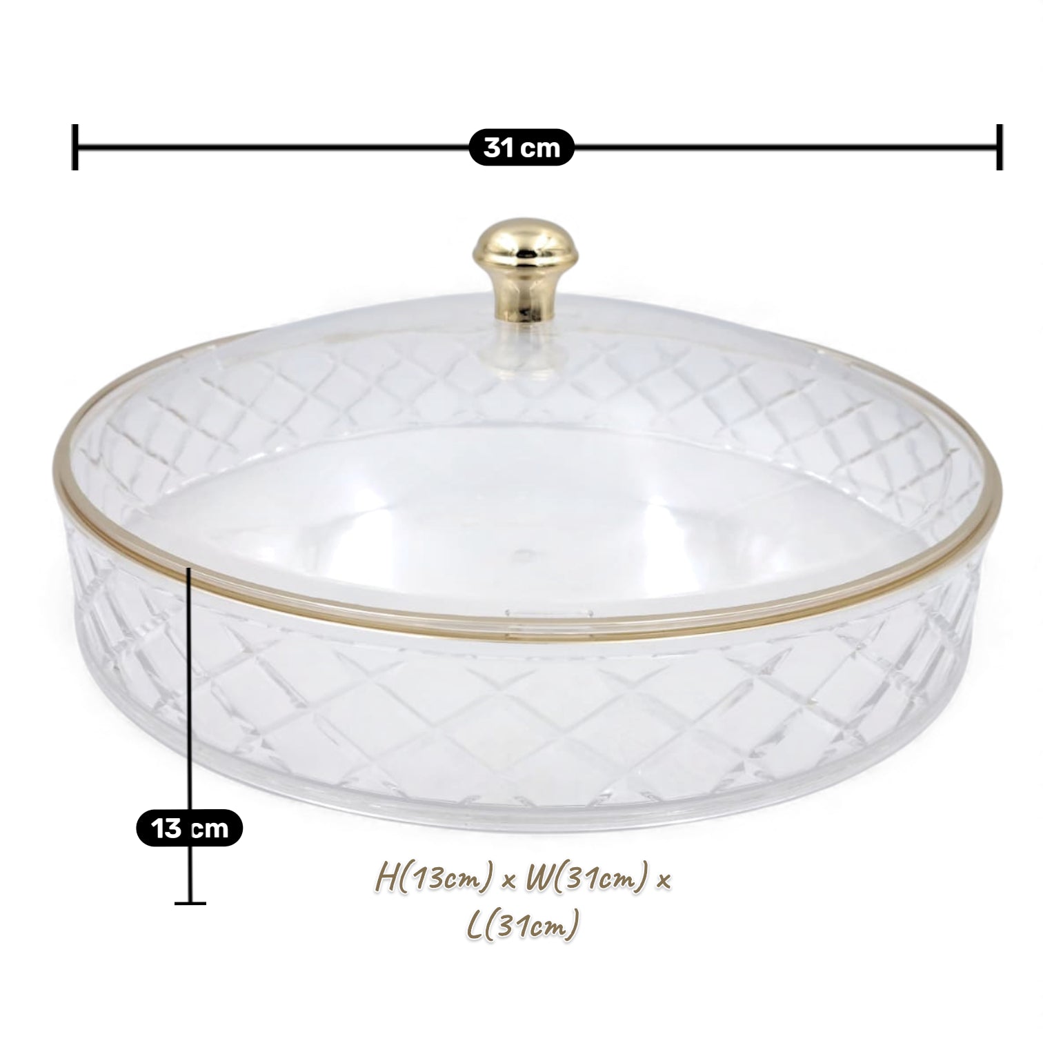 Luxury Crystal Acrylic Round Candy Box with Lid – Clear & Gold Daisy Pattern Dessert Tray for Sweets, Dates, Dry Fruits & Snacks | Food-Safe Acrylic | Available in 3 Sizes (19cm / 25cm / 31cm) - Damoo