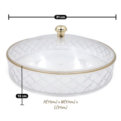 Luxury Crystal Acrylic Round Candy Box with Lid – Clear & Gold Daisy Pattern Dessert Tray for Sweets, Dates, Dry Fruits & Snacks | Food-Safe Acrylic | Available in 3 Sizes (19cm / 25cm / 31cm) - Damoo