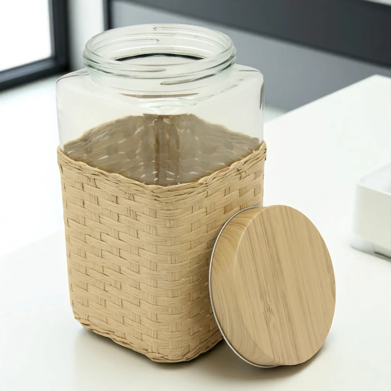 Large Square Glass Storage Jar with Bamboo Lid & Woven Wicker Cover – Airtight Eco-Friendly Container for Kitchen & Pantry Organization - Damoo