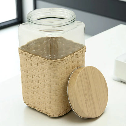 Large Square Glass Storage Jar with Bamboo Lid & Woven Wicker Cover – Airtight Eco-Friendly Container for Kitchen & Pantry Organization - Damoo