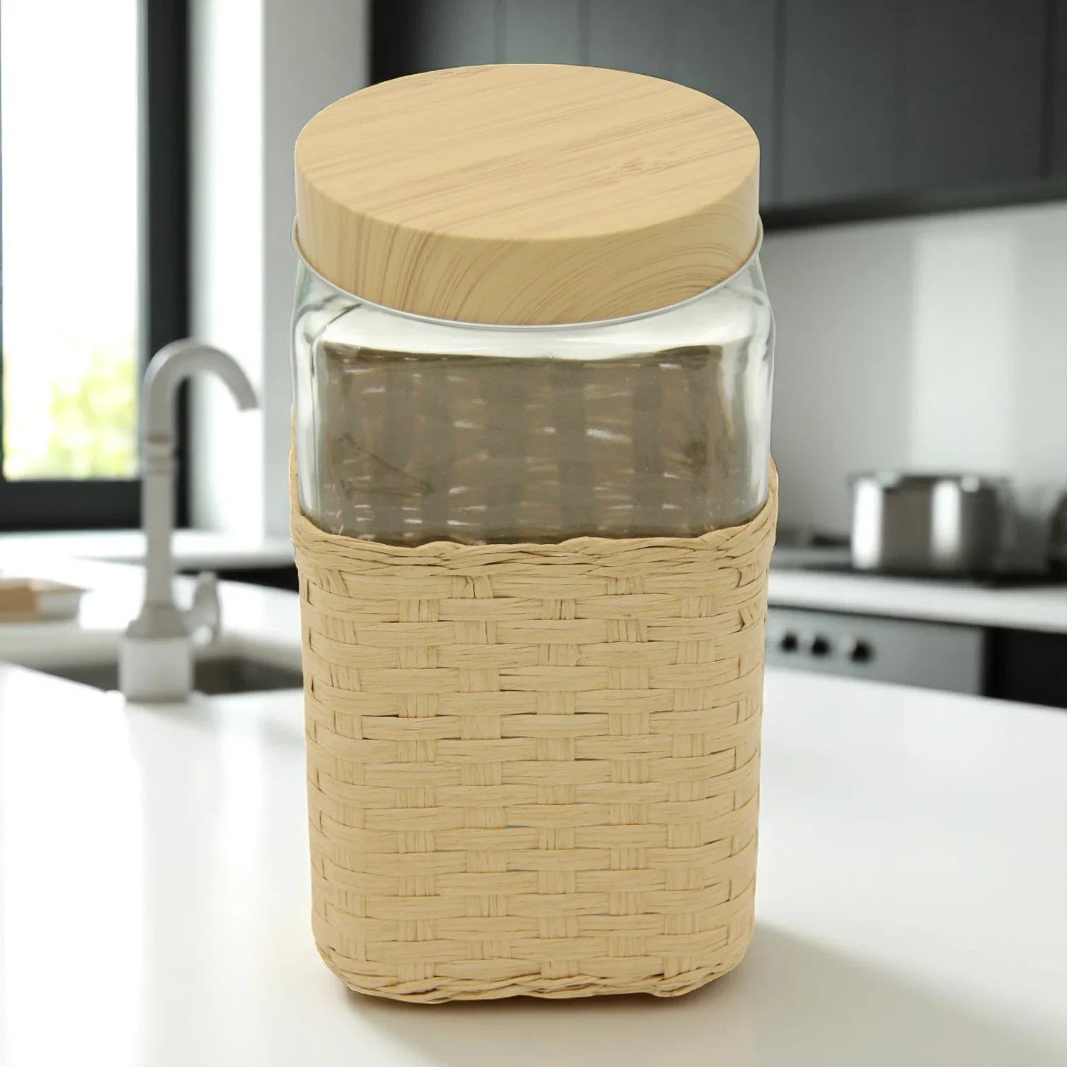 Large Square Glass Storage Jar with Bamboo Lid & Woven Wicker Cover – Airtight Eco-Friendly Container for Kitchen & Pantry Organization - Damoo