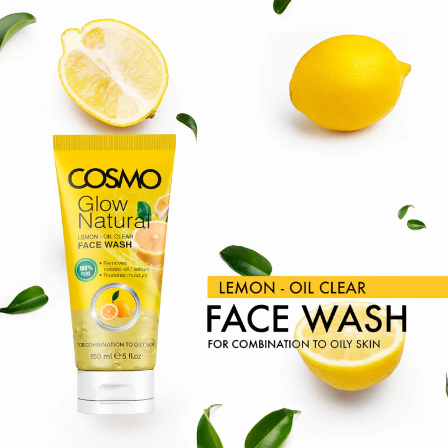 COSMO Glow Natural Lemon Oil Clear Face Wash – Oil-Balancing, Deep Cleansing & Refreshing Citrus Formula for Clean, Hydrated Skin (150ml) - Damoo