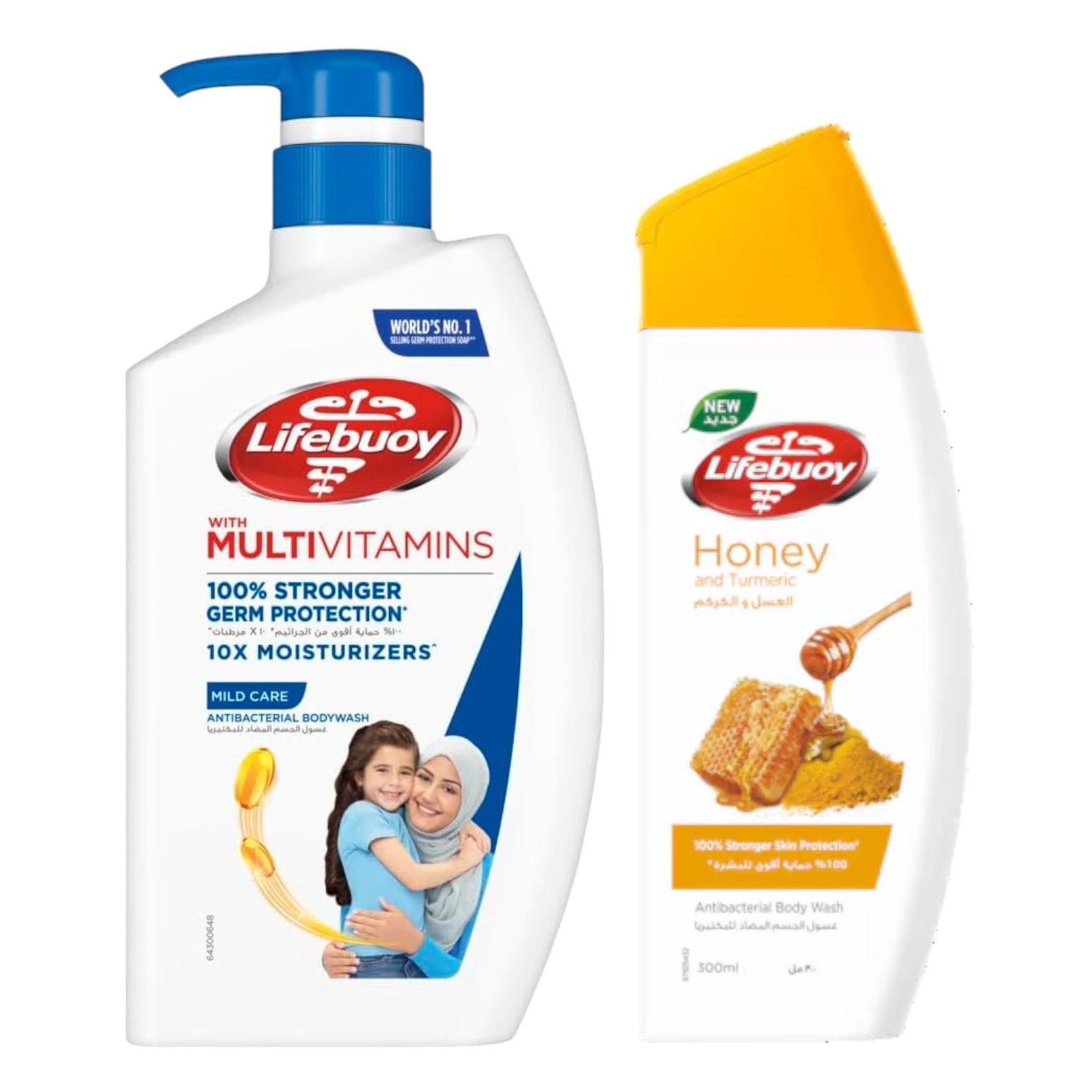 Lifebuoy Antibacterial Body Wash Combo – Mild Care 500ml with 10X Moisturizers + Honey & Turmeric 280ml for Natural Germ Protection - Damoo