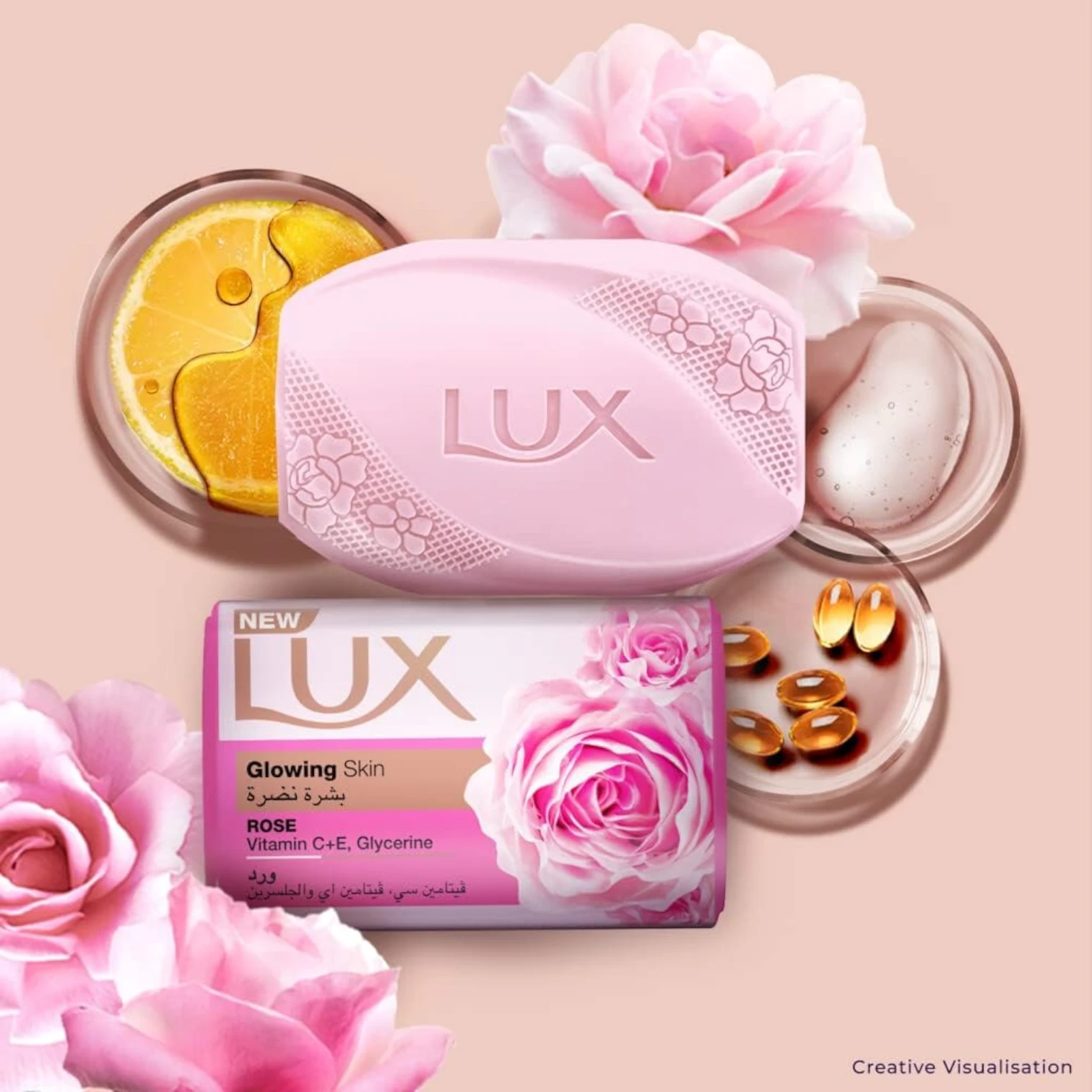 LUX Glowing Skin Soap Bar with Rose Scent 170g x 6 – Enriched with Vitamin C, E & Glycerine – Brightens, Nourishes & Hydrates for Radiant Complexion - Damoo