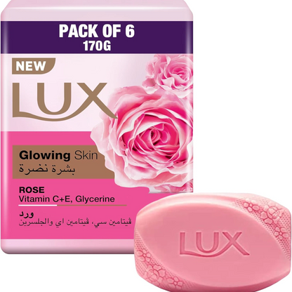 LUX Glowing Skin Soap Bar with Rose Scent 170g x 6 – Enriched with Vitamin C, E & Glycerine – Brightens, Nourishes & Hydrates for Radiant Complexion - Damoo