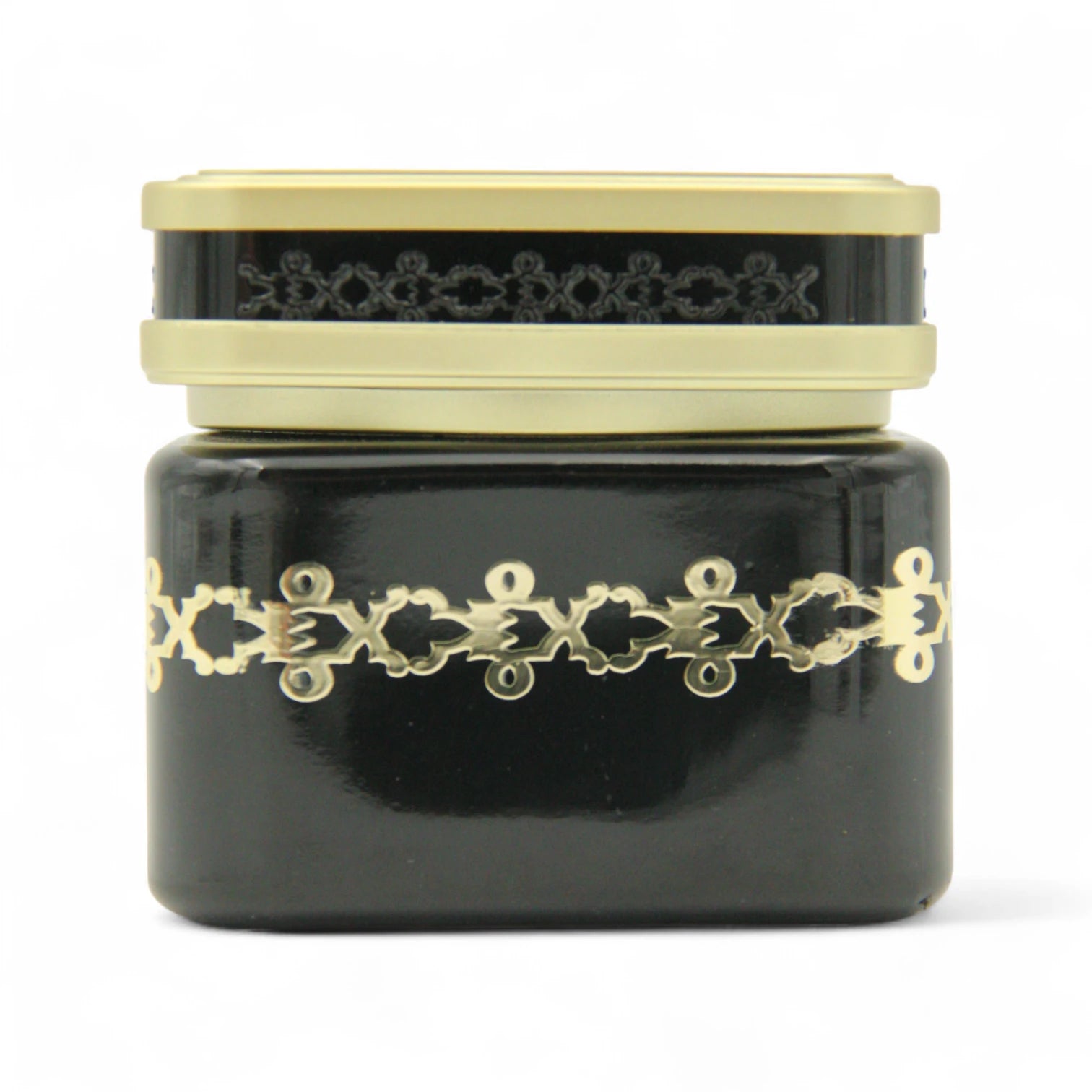 Luxurious Empty Bakhoor Jar 110ML – Shiny Black Glass with Gold Lid & Traditional Arabian Design - Damoo