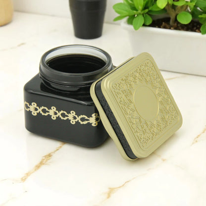 Luxurious Empty Bakhoor Jar 110ML – Shiny Black Glass with Gold Lid & Traditional Arabian Design - Damoo