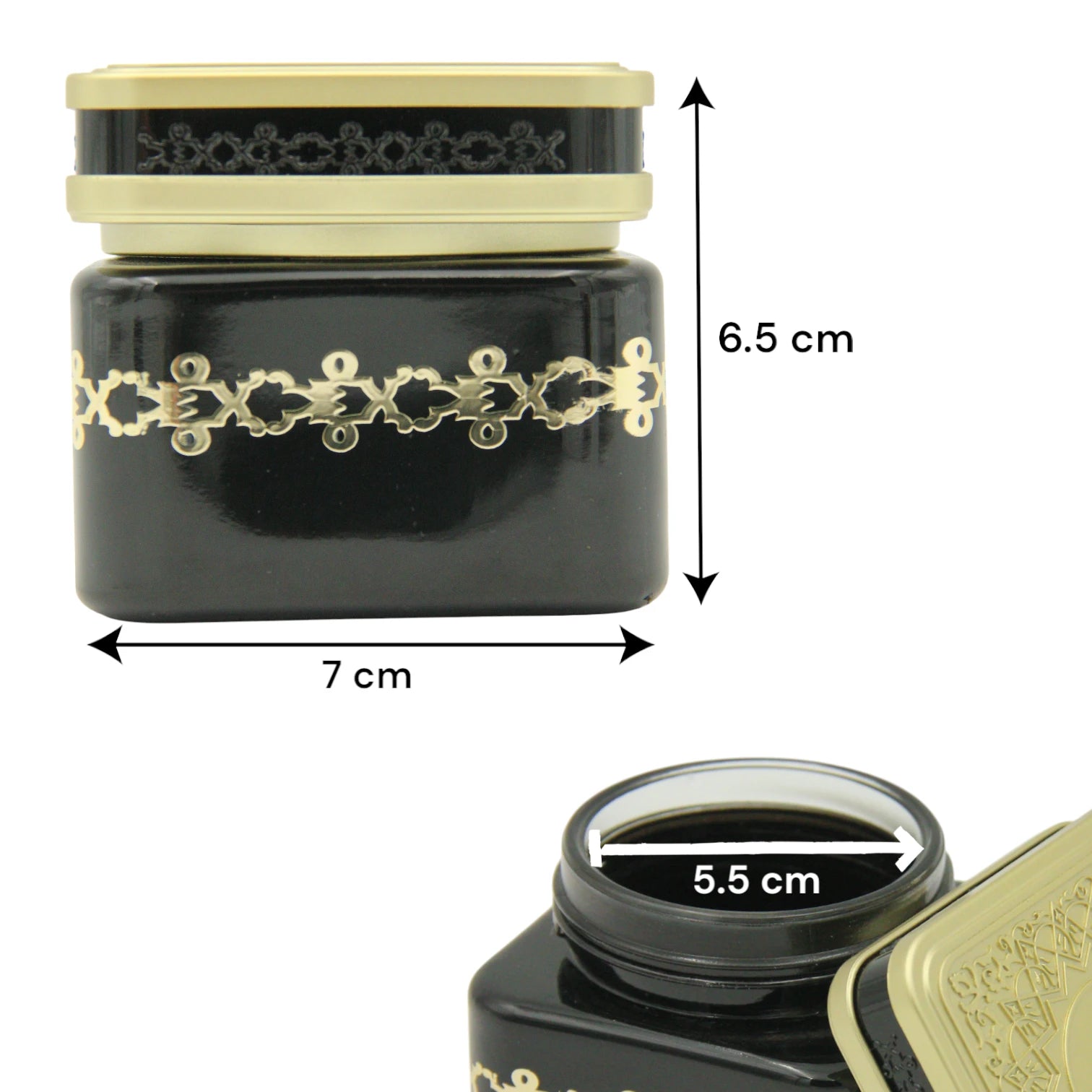 Luxurious Empty Bakhoor Jar 110ML – Shiny Black Glass with Gold Lid & Traditional Arabian Design - Damoo