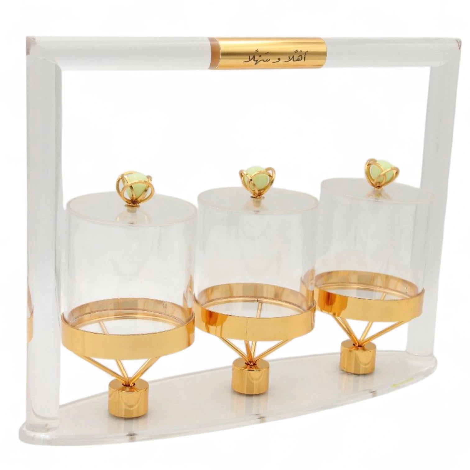 Luxury 3-Piece Acrylic Jar Set with Gold Stand & Decorative Lids – Elegant Display for Dates, Sweets, and Dry Fruits - Damoo