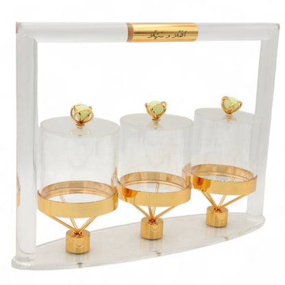 Luxury 3-Piece Acrylic Jar Set with Gold Stand & Decorative Lids – Elegant Display for Dates, Sweets, and Dry Fruits - Damoo