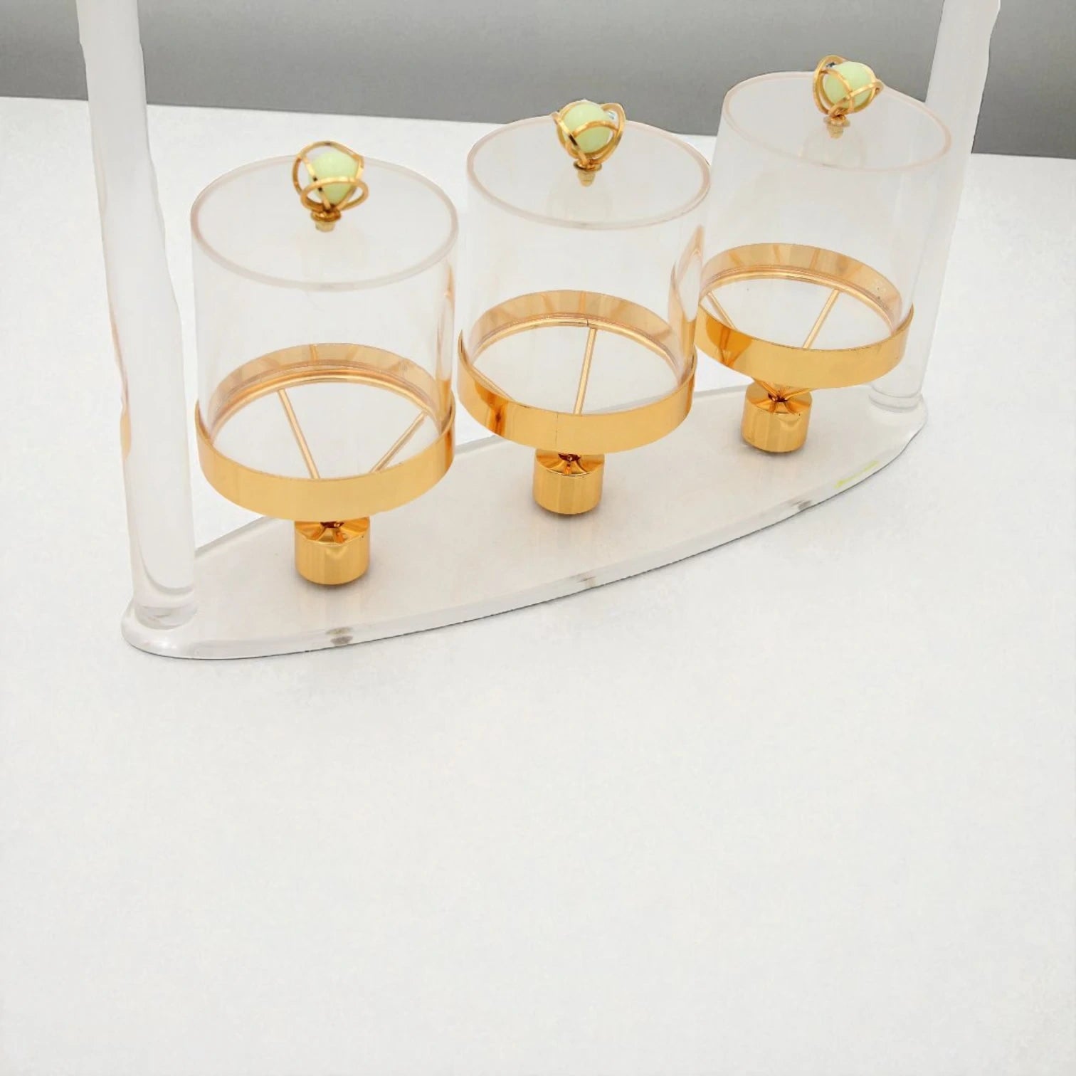 Luxury 3-Piece Acrylic Jar Set with Gold Stand & Decorative Lids – Elegant Display for Dates, Sweets, and Dry Fruits - Damoo