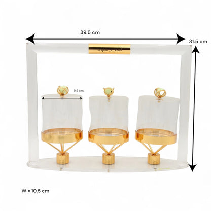 Luxury 3-Piece Acrylic Jar Set with Gold Stand & Decorative Lids – Elegant Display for Dates, Sweets, and Dry Fruits - Damoo