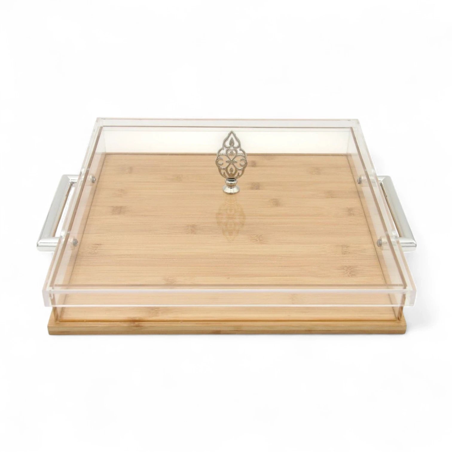 Luxury Acrylic & Bamboo Serving Tray with Lid – Multipurpose Party Tray with Chrome Handles & Decorative Knob - Damoo