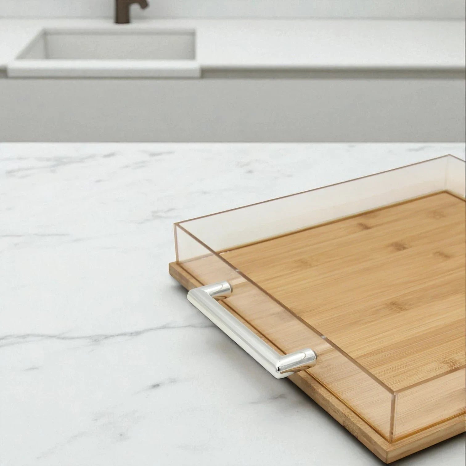 Luxury Acrylic & Bamboo Serving Tray with Lid – Multipurpose Party Tray with Chrome Handles & Decorative Knob - Damoo
