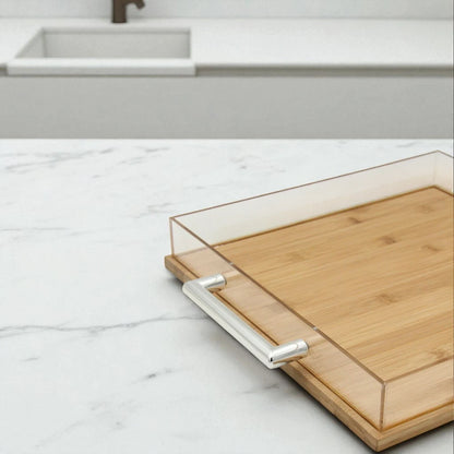 Luxury Acrylic & Bamboo Serving Tray with Lid – Multipurpose Party Tray with Chrome Handles & Decorative Knob - Damoo