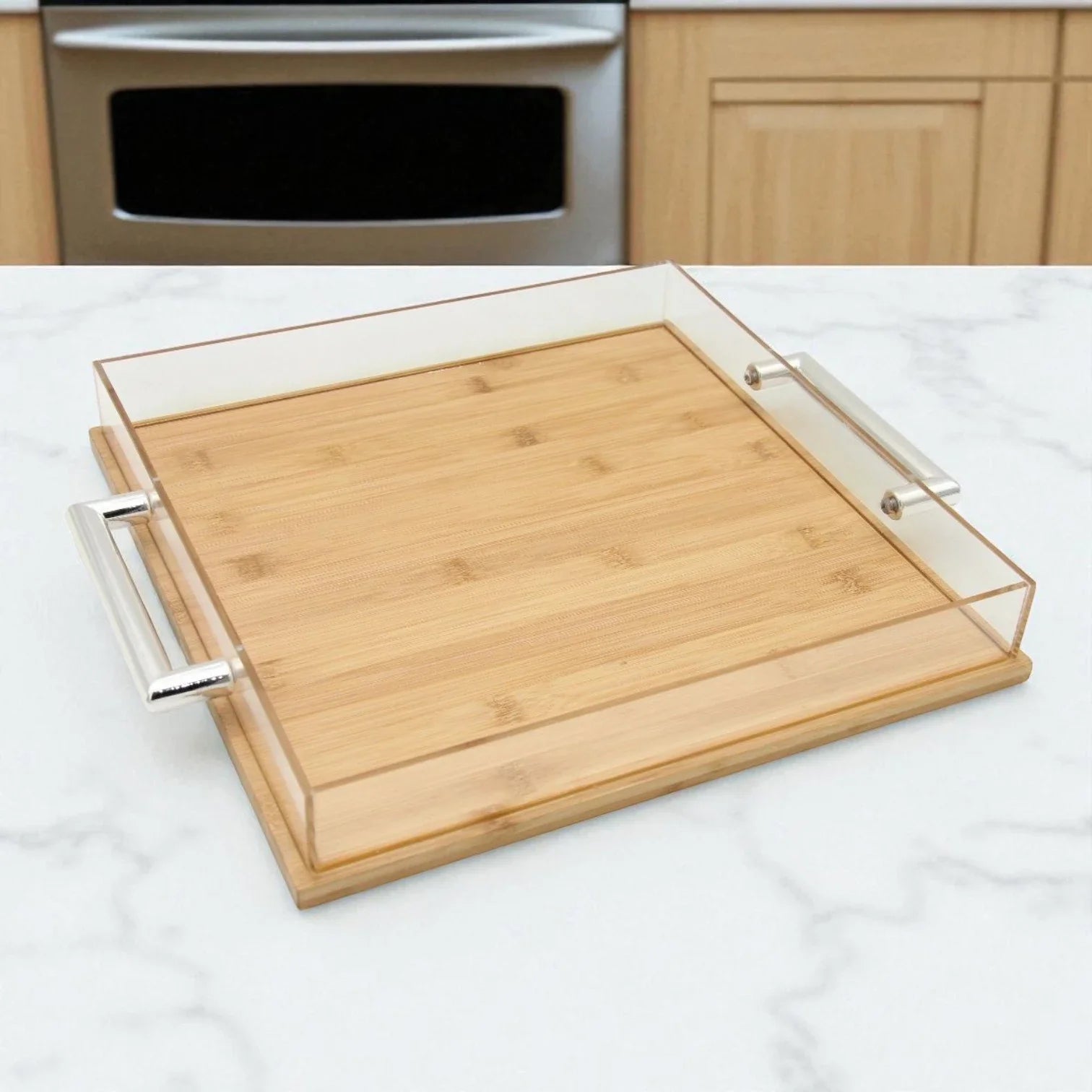 Luxury Acrylic & Bamboo Serving Tray with Lid – Multipurpose Party Tray with Chrome Handles & Decorative Knob - Damoo
