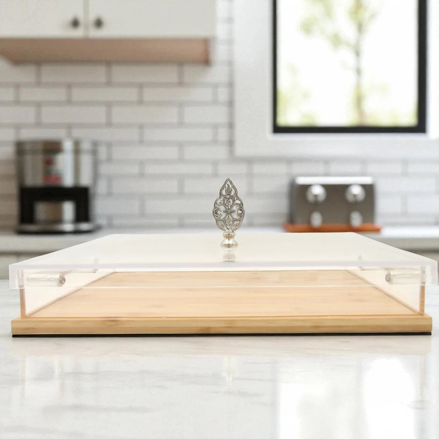Luxury Acrylic & Bamboo Serving Tray with Lid – Multipurpose Party Tray with Chrome Handles & Decorative Knob - Damoo