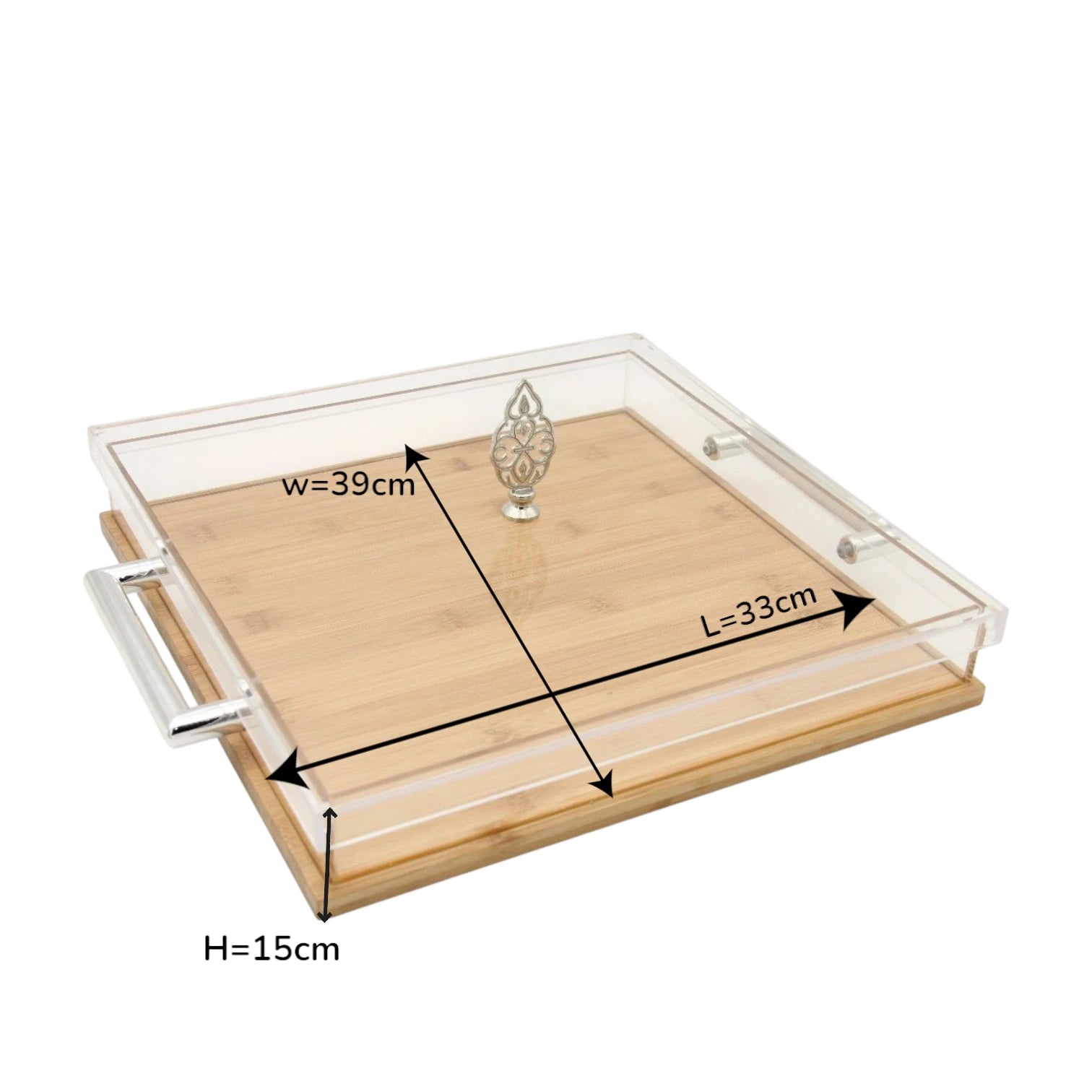 Luxury Acrylic & Bamboo Serving Tray with Lid – Multipurpose Party Tray with Chrome Handles & Decorative Knob - Damoo
