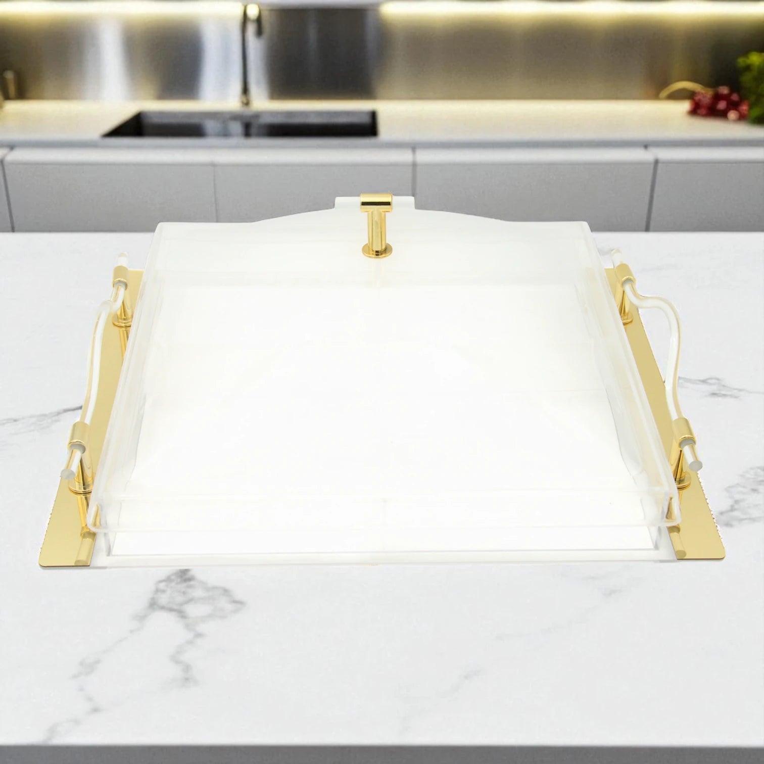Luxury Acrylic Rectangular Serving Tray with Gold Metal Accents – Modern Dome Holder for Sweets, Treats, and Gifting - Damoo