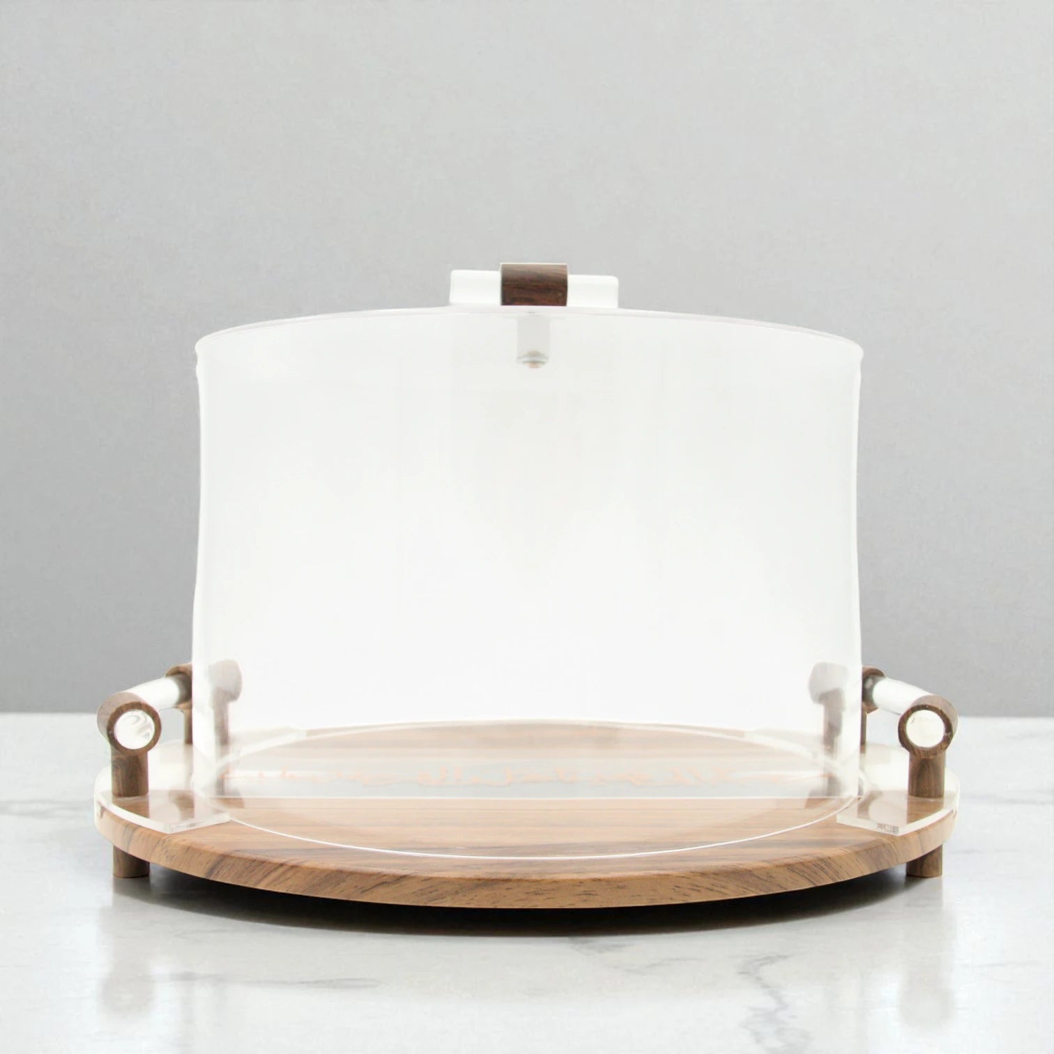 Luxury Acrylic & Wood Round Serving Tray with Dome Lid – Arabic Calligraphy Design – Elegant Hospitality Piece for Dates, Sweets & Treats - Damoo