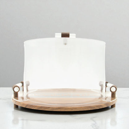 Luxury Acrylic & Wood Round Serving Tray with Dome Lid – Arabic Calligraphy Design – Elegant Hospitality Piece for Dates, Sweets & Treats - Damoo