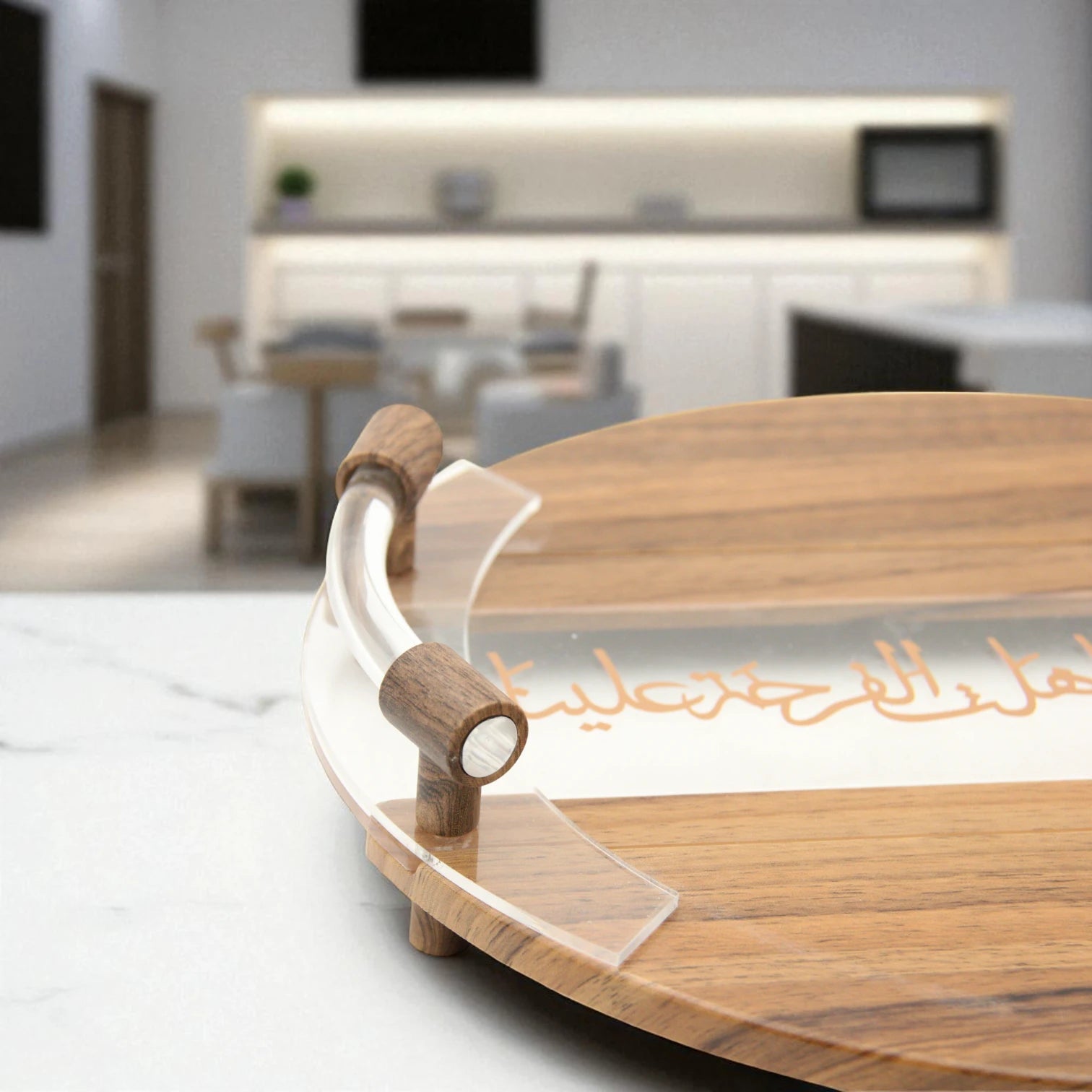 Luxury Acrylic & Wood Round Serving Tray with Dome Lid – Arabic Calligraphy Design – Elegant Hospitality Piece for Dates, Sweets & Treats - Damoo