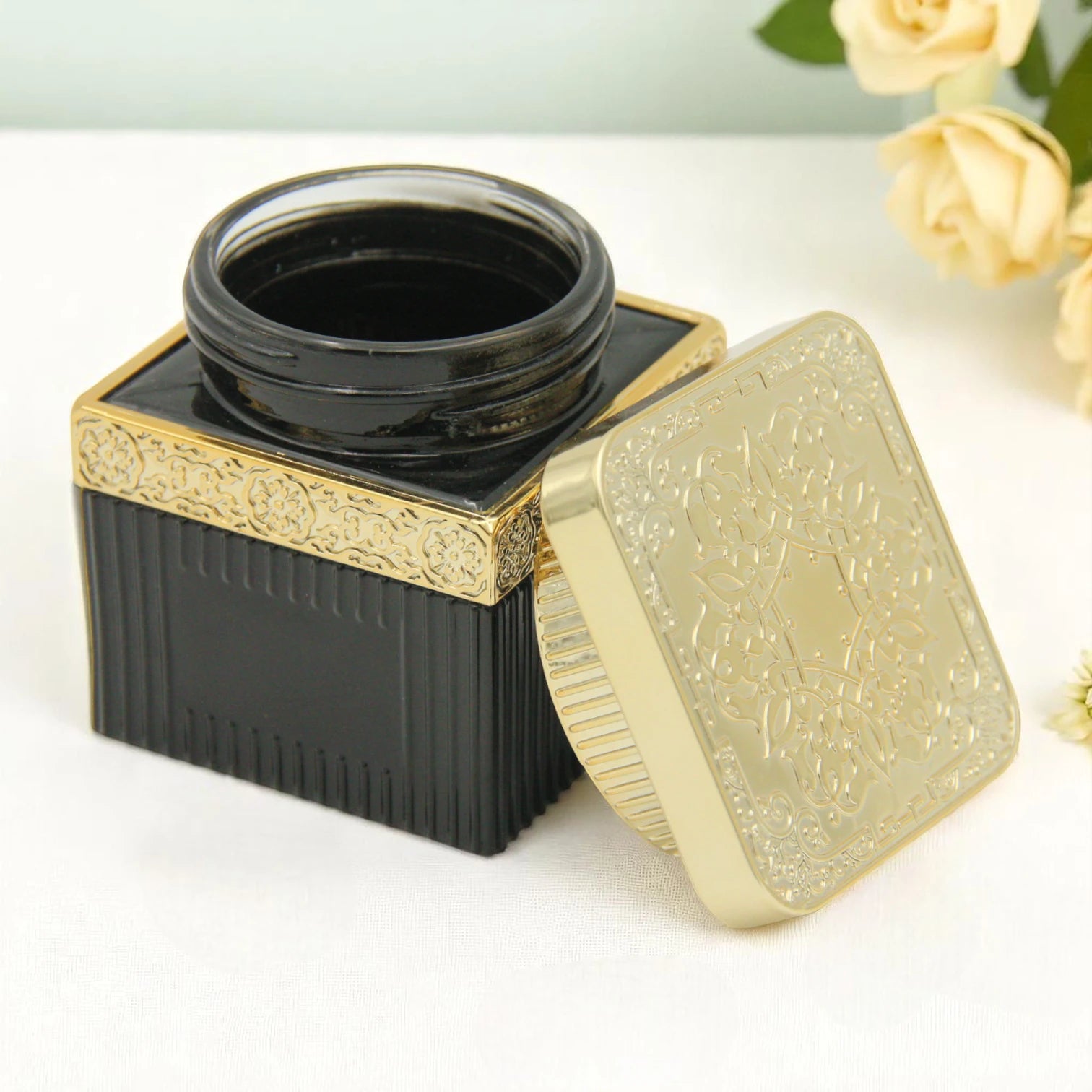 Luxury Black & Gold Square Bakhoor Jar 110ML  | Unique Design | Empty Oud Storage Jar - Damoo