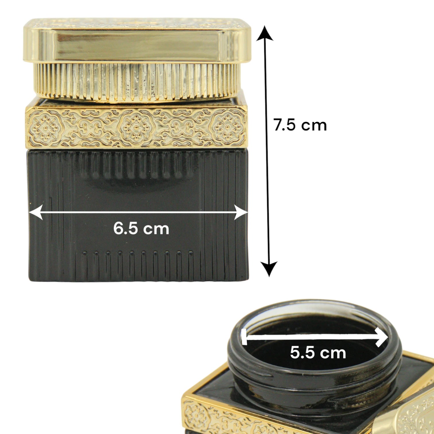 Luxury Black & Gold Square Bakhoor Jar 110ML  | Unique Design | Empty Oud Storage Jar - Damoo