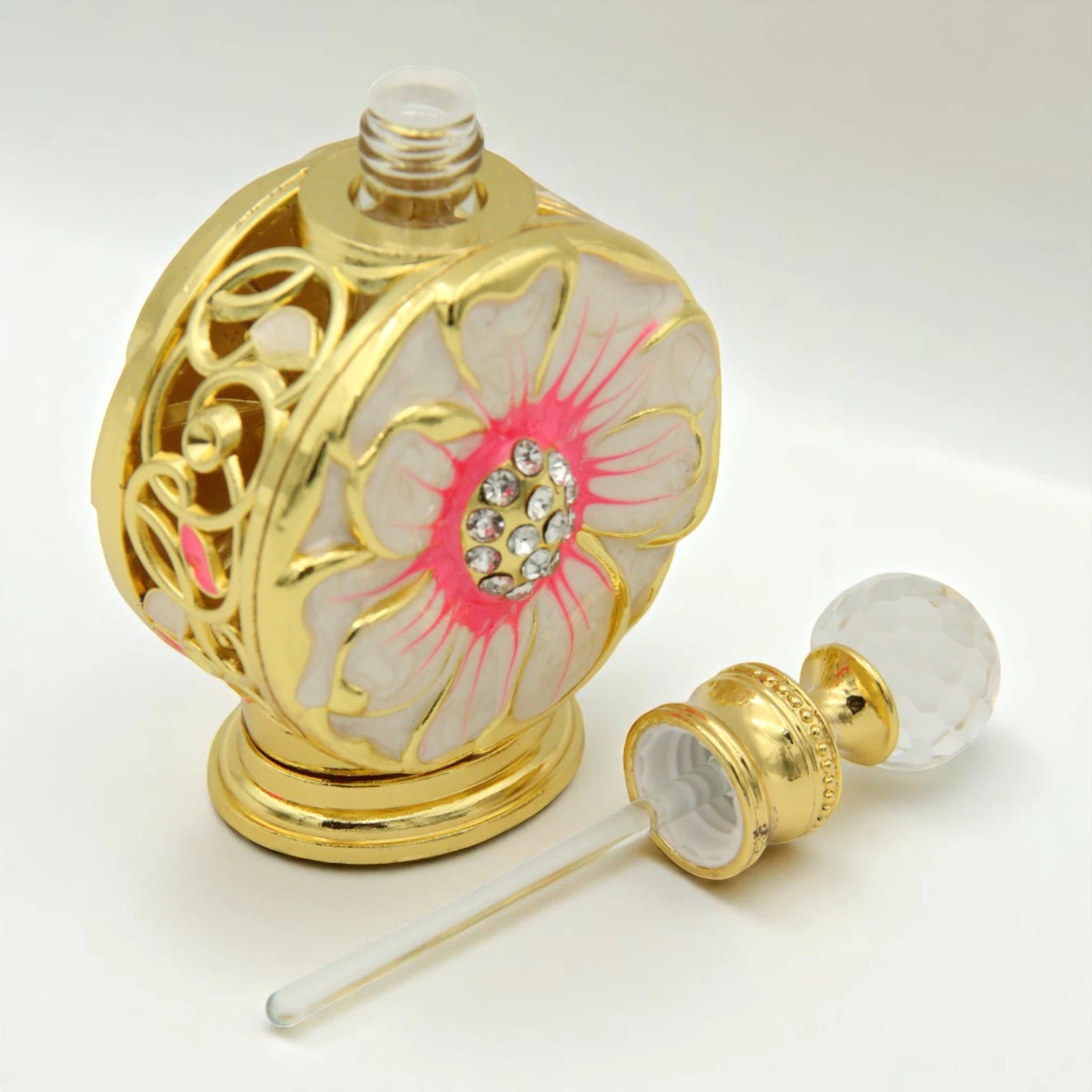 Luxury Gold Floral Perfume Bottle with Crystal Top 50 ML – Refillable Vintage Scent Bottle with Rhinestone Accents - Damoo