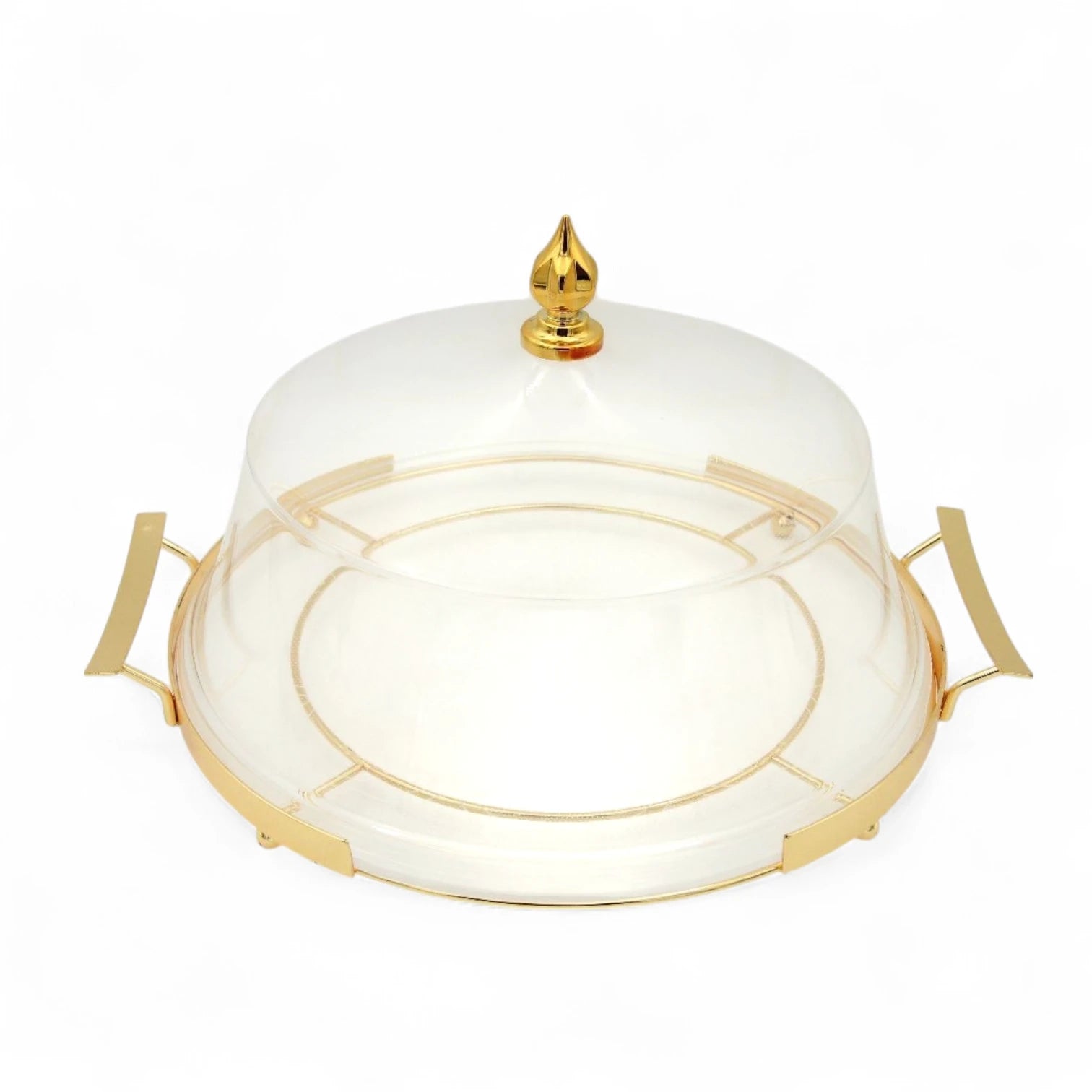 Luxury Round Acrylic Serving Tray with Dome Lid – Gold Handle Dessert Stand for Parties, Cakes & Home Entertaining - Damoo